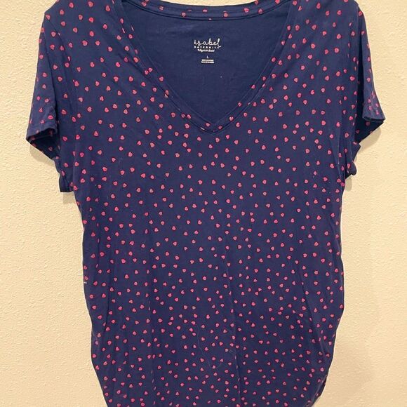 Isabel Maternity Blue & Pink Hearts V-Neck Side Ruched Maternity Top - L - Picture 1 of 4